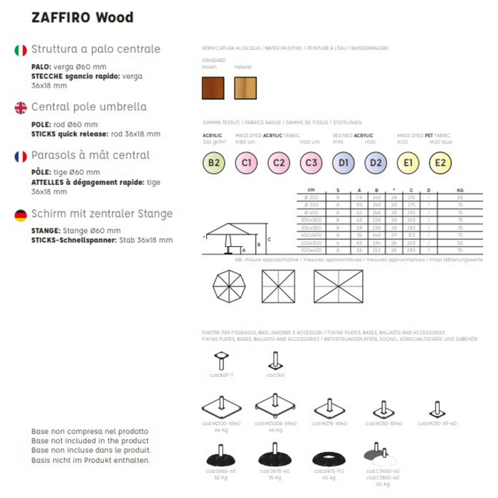 Ombrellone a palo centrale Zaffiro Wood 4X4 mt