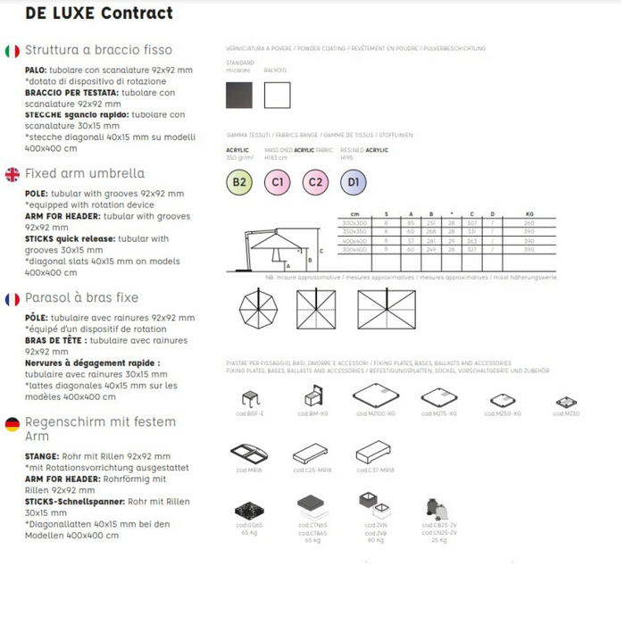 Ombrellone a palo laterale De Luxe Contract 4X4 mt