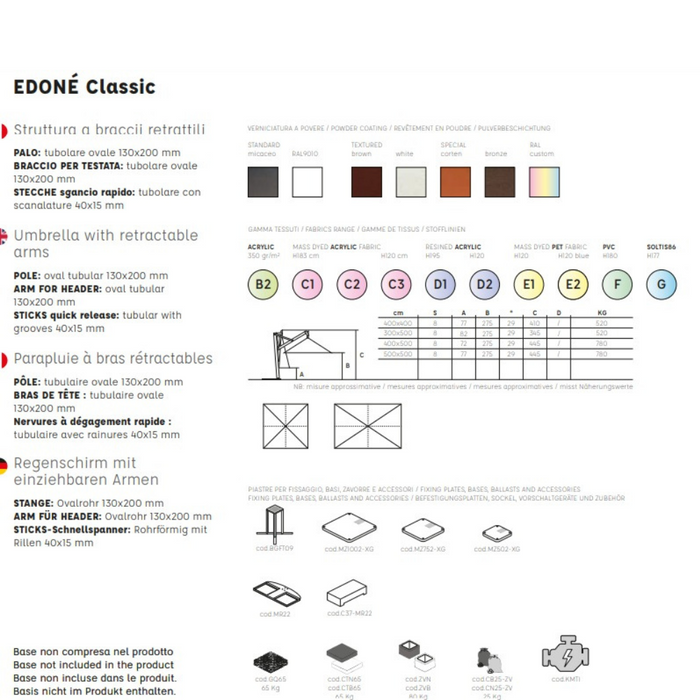 Ombrellone a palo laterale Edonè classic 4X4 mt
