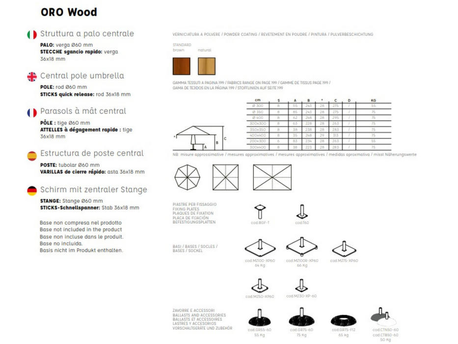 Parasol à mât central Zaffiro Wood 3X3 mt