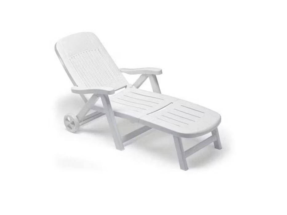 Lettino Sdraio California Bianco in Resina con Schienale Reclinabile e Ruote - cm 80x190x98h Scab